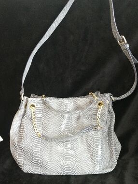 Michael Kors Light Gray Snake-Print Shoulder Bag with Gold Chain